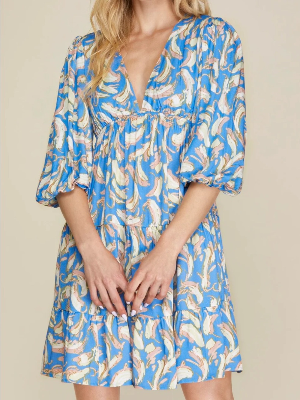 She + Sky Blue Printed V-Neck Tiered Mini Dress